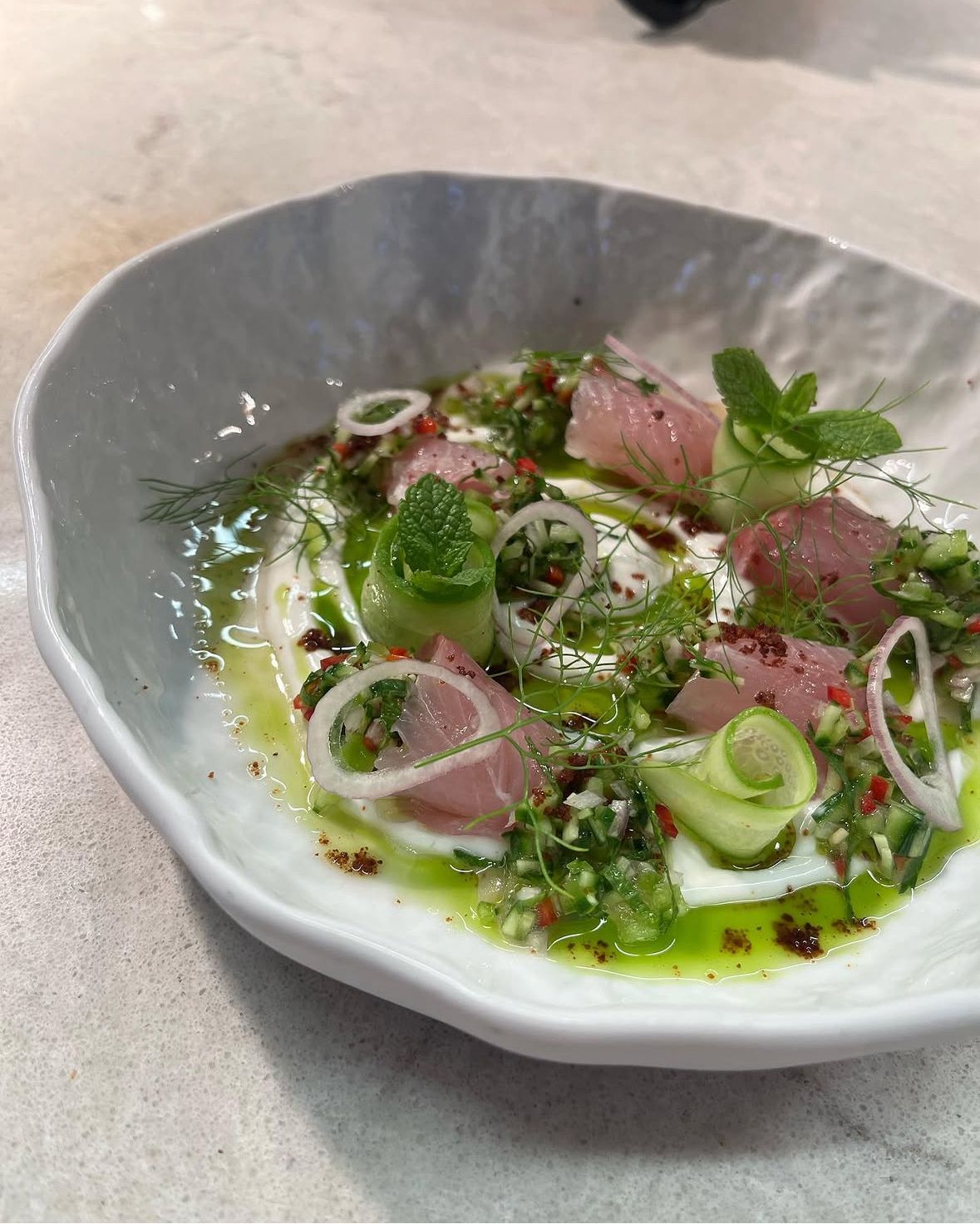 Green ceviche with cucumber and herbs