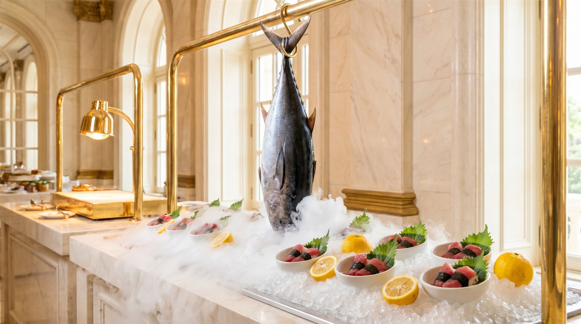 A whole tuna above smoking crushed ice at a live station